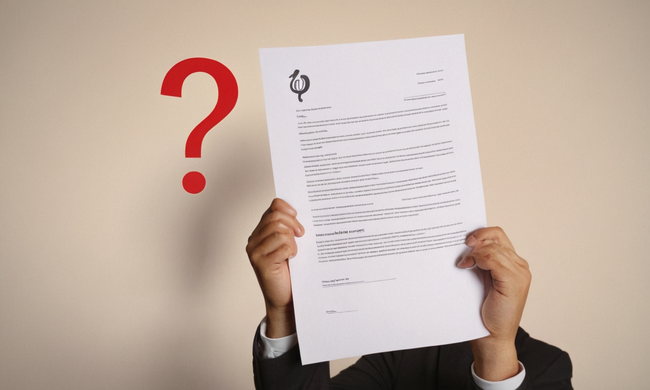 Una persona que tiene un documento de contrato con un icono de marca de preguntas arriba.