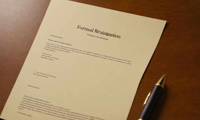 Una plantilla de carta de renuncia formal con texto de ejemplo sobre un escritorio.