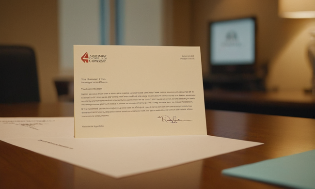 Una aceptación formal de carta en un escritorio con logotipo de la empresa en el fondo.