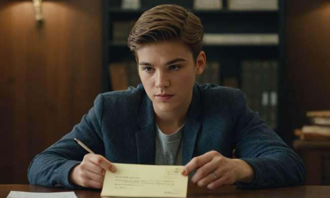 Un joven que tiene una carta de permiso mientras está sentado en un escritorio.