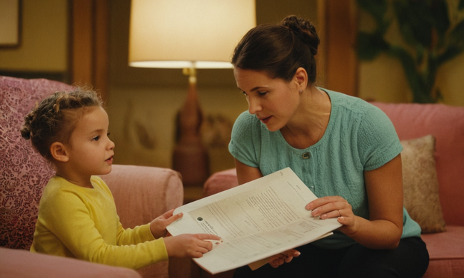 Parent holding a document while talk to a child in a playful setting.