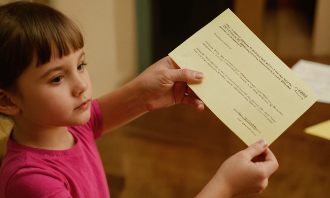 Parent holding a permission letter while guidance a child through a process or activity.