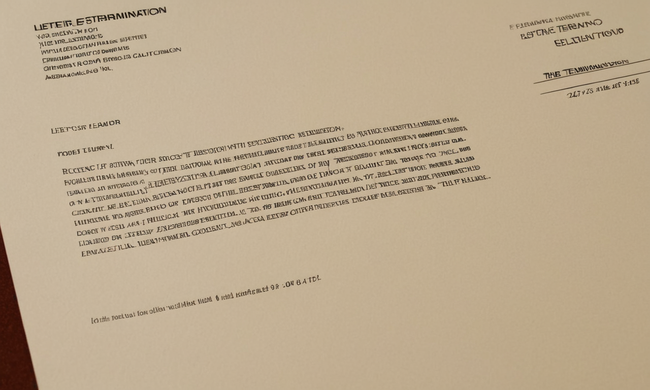 Una plantilla de carta oficial con elementos esenciales destacados para una carta de terminación justificada.