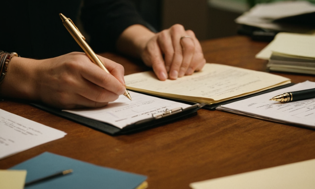 Una persona con un bolígrafo y papel, rodeada de documentos relacionados con el trabajo.