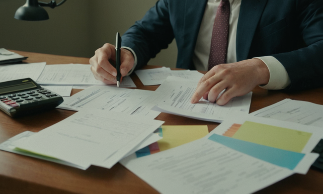 Una persona que revisa documentos financieros en un escritorio rodeado de papeles y calculadoras.