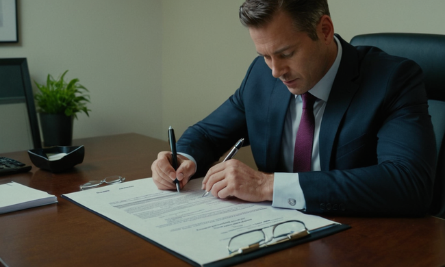 Un hombre de negocios firmando un contrato de arrendamiento comercial en un escritorio en medio de documentos financieros.