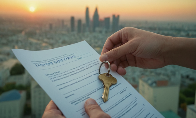 Una persona que tiene una llave de casa, rodeada de papeles de contrato y un paisaje urbano en el fondo.