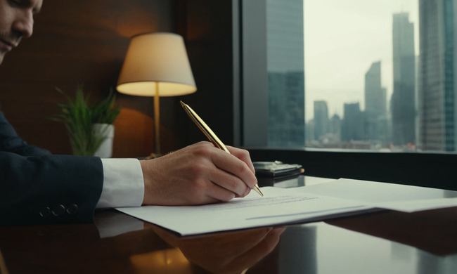 Una persona firmando un contrato en un escritorio con un paisaje urbano fuera de la ventana.