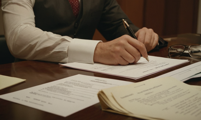 Una persona que revisa un contrato sobre un escritorio rodeado de documentos.