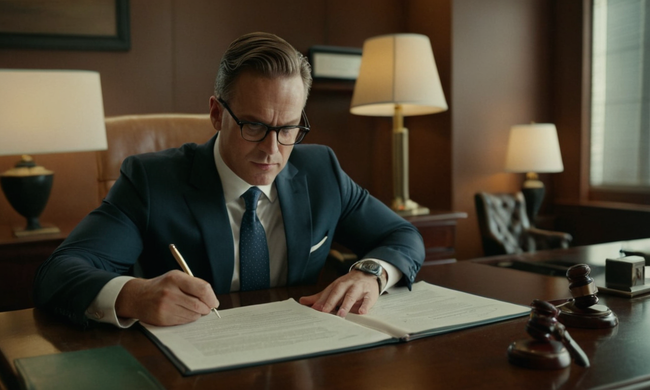 Un abogado o empresario que revisa un contrato sobre un escritorio, con elementos esenciales destacados.