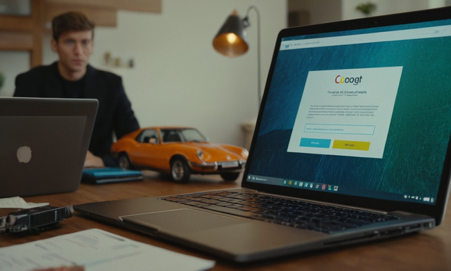 Una persona que revisa un contrato de coche en su portátil, rodeado de recursos e iconos adicionales.