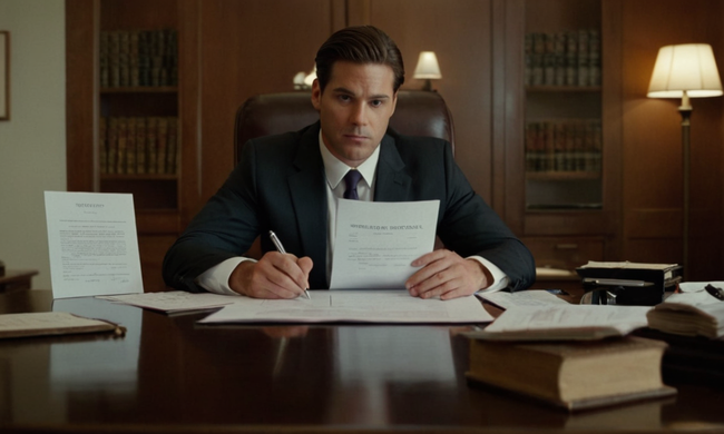 A lawyer or business professional sitting at a desk with a contract and documents spread out.
