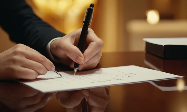 Una persona firmando un documento con un concepto de donación gráfico en el fondo.