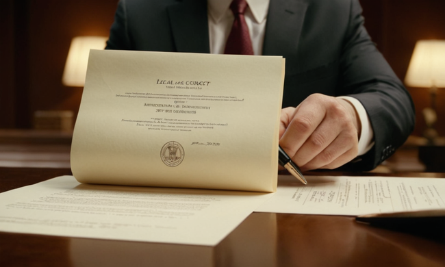 A lawyer or notary holding a document, with a background providing legal forms and contracts.