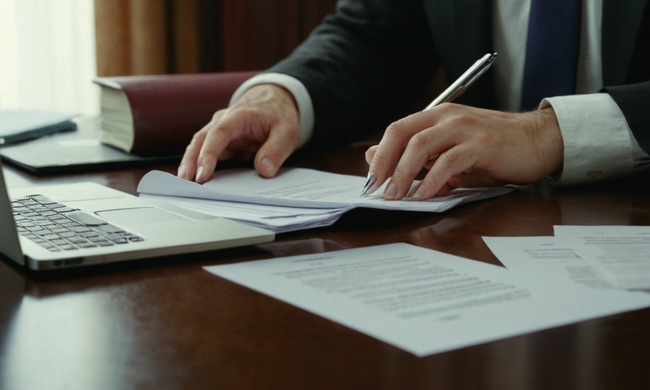 Una persona que revisa documentos en un portátil, rodeado de documentos y contratos legales.