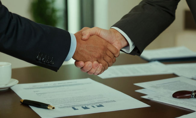 Hombre de negocios temblando manos, rodeado de papeles y contratos, transmitiendo confianza y profesionalidad.