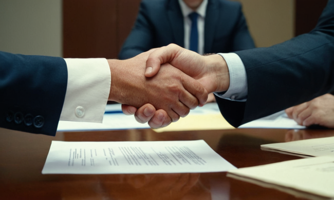 Una mano de agitación profesional con un cliente, rodeado de contratos y documentos de negocios.