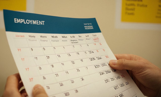 A person holding a contract with a calendar in the background, representing employment agreement.
