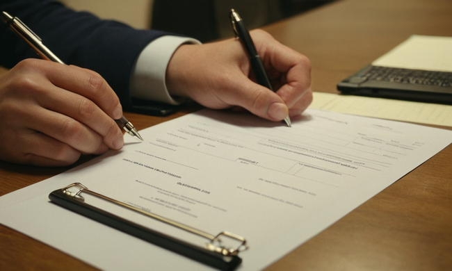 Una persona llenando un formulario oficial en un escritorio con un ambiente tranquilo.