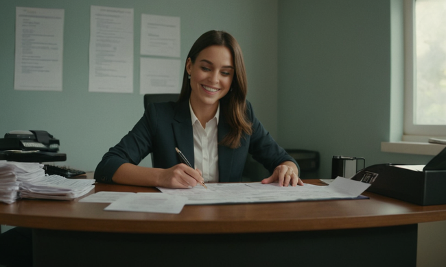 Una persona sentada en un escritorio, rodeada de documentos, llenando un formulario de impuestos con una sonrisa.