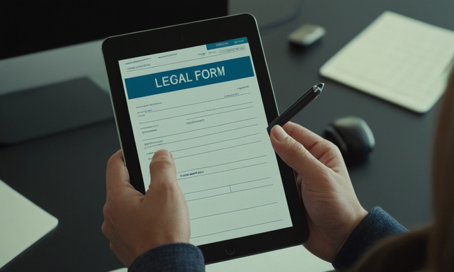 Una persona fácilmente llenando una forma legal simplificada en un ordenador o tableta.
