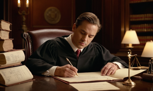 A lawyer or notary holding a document, surrounded by legal papers and symbol, emphasis the importance of legal processes.