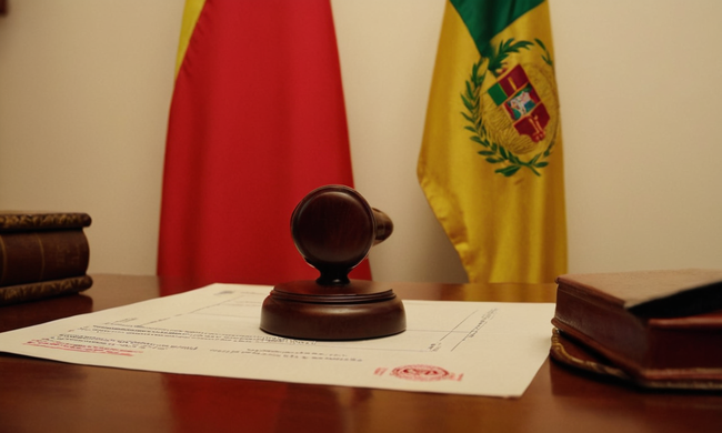 Un documento con sellos oficiales y formularios sobre un escritorio de abogados, con la bandera peruana en segundo plano.