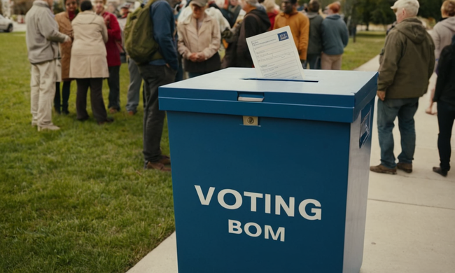 Una urna con formularios de votación y gente esperando en línea fuera.