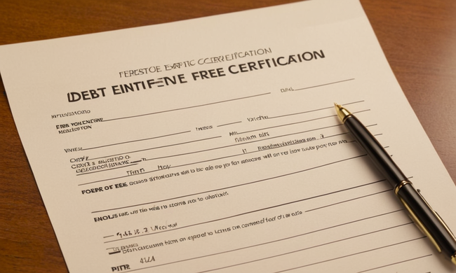 Un formulario de solicitud en blanco para la certificación sin deuda en un escritorio con un bolígrafo y una expresión satisfecha.