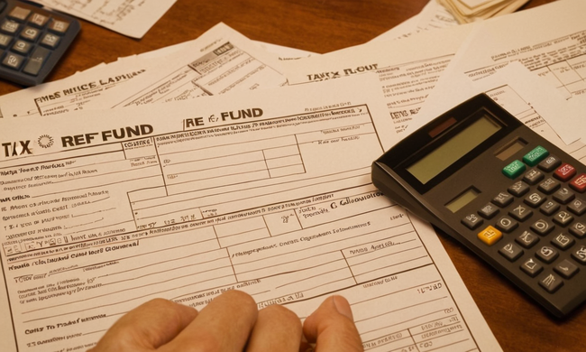 Una persona llenando un formulario de reembolso de impuestos con una calculadora y una pila de documentos cercanos.
