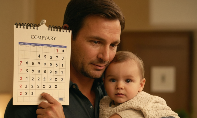 Una madre o un padre que tiene un hijo, con un logotipo de calendario y compañía en el fondo.