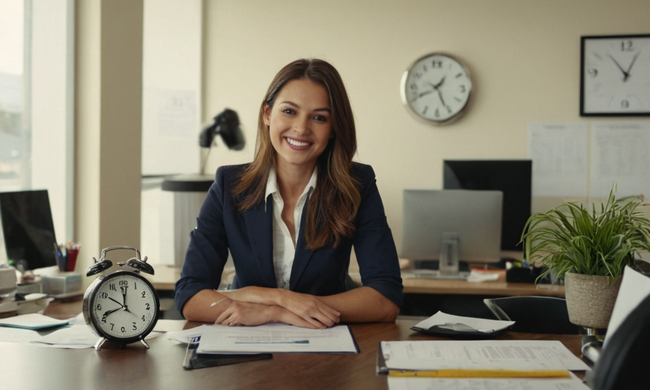 Sonriente profesional en una oficina, rodeada de formularios de aplicación y relojes.