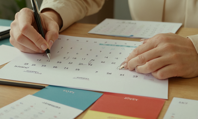 Persona firmando documentos en un escritorio con un calendario en el fondo.