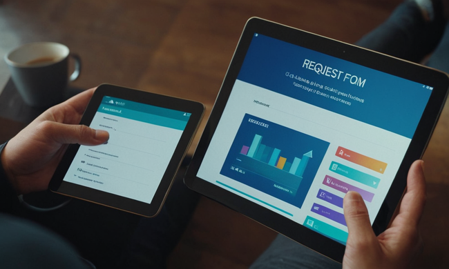 Una persona que tiene una tableta digital o portátil con un formulario de solicitud y los iconos de corrección de datos.